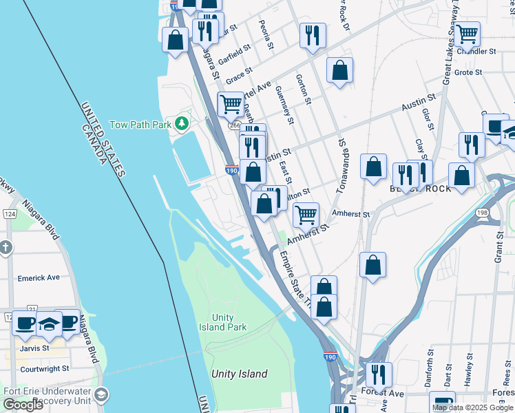 map of restaurants, bars, coffee shops, grocery stores, and more near 1915 Niagara Street in Buffalo