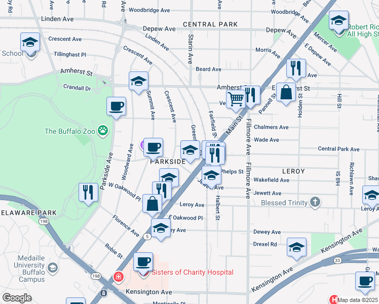 map of restaurants, bars, coffee shops, grocery stores, and more near 14 Elam Place in Buffalo