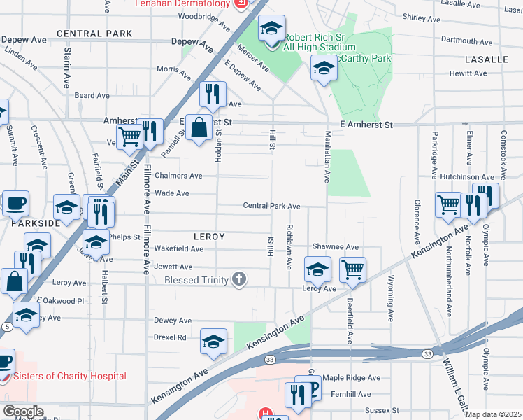 map of restaurants, bars, coffee shops, grocery stores, and more near 261 Rodney Avenue in Buffalo