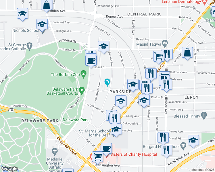 map of restaurants, bars, coffee shops, grocery stores, and more near 123 Jewett Parkway in Buffalo