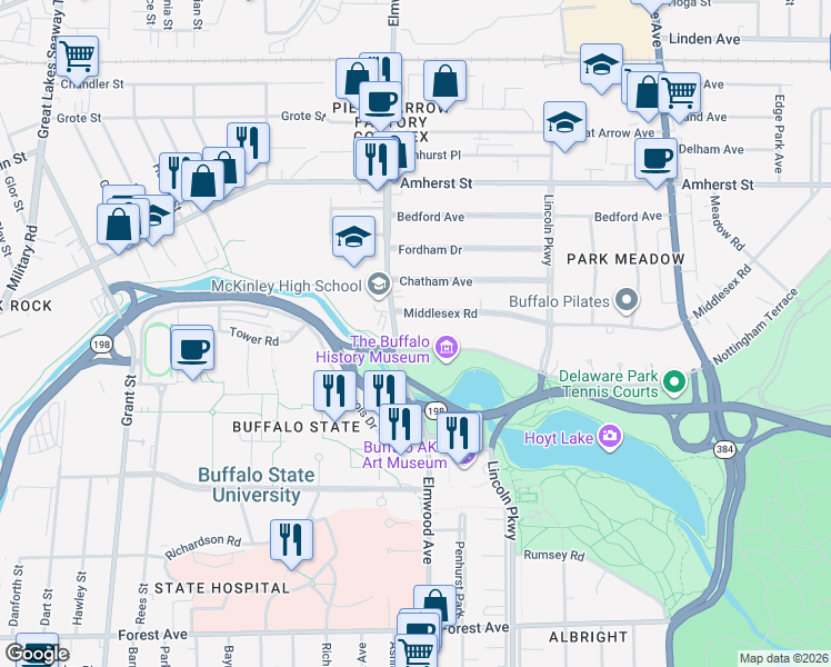 map of restaurants, bars, coffee shops, grocery stores, and more near 317 Nottingham Terrace in Buffalo