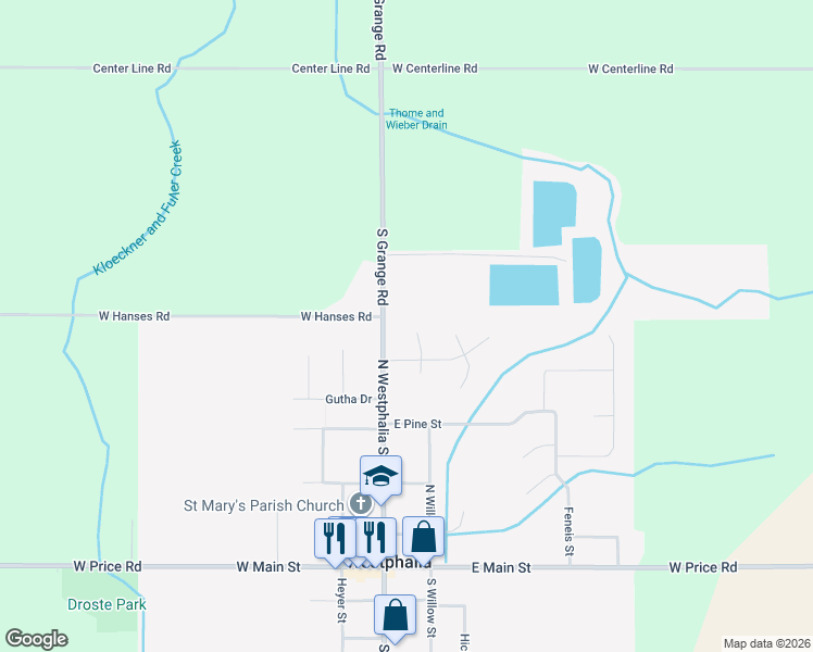 map of restaurants, bars, coffee shops, grocery stores, and more near 504 Rosemont in Westphalia
