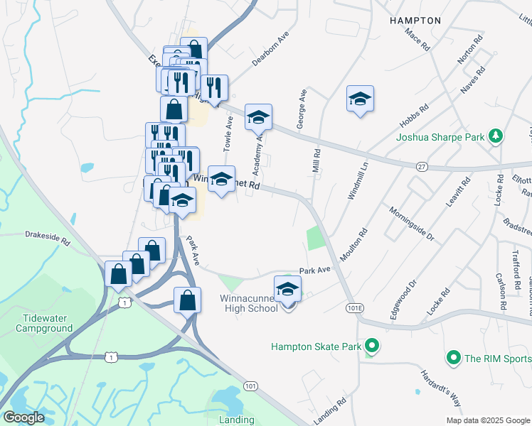 map of restaurants, bars, coffee shops, grocery stores, and more near 137 Winnacunnet Road in Hampton