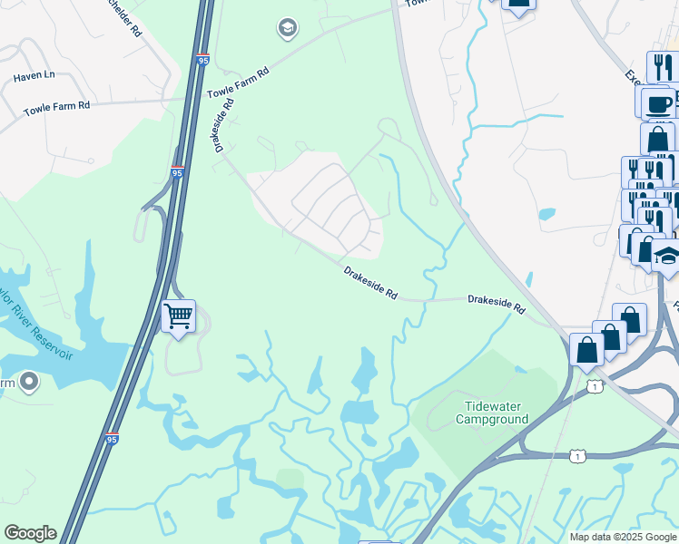 map of restaurants, bars, coffee shops, grocery stores, and more near 170 Drakeside Road in Hampton