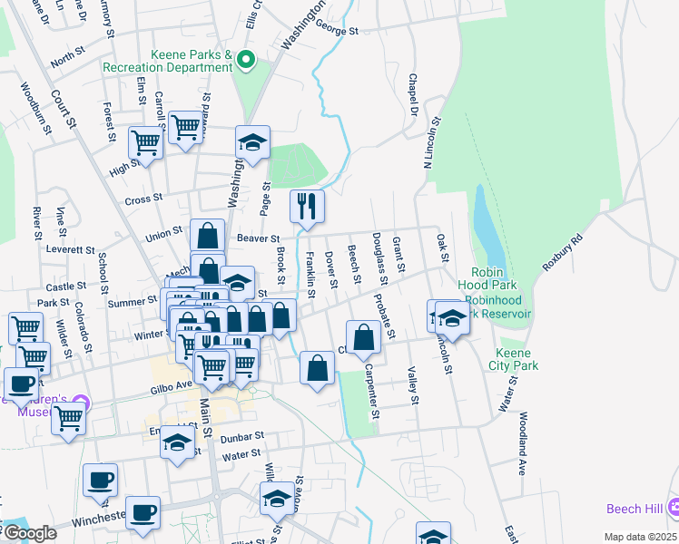 map of restaurants, bars, coffee shops, grocery stores, and more near 31 Dover Street in Keene