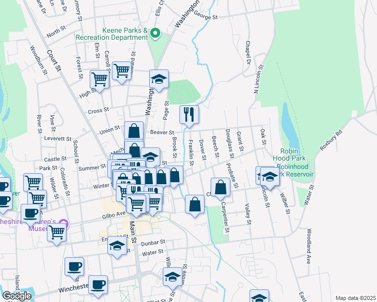 map of restaurants, bars, coffee shops, grocery stores, and more near 43 Franklin Street in Keene