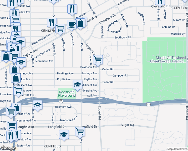 map of restaurants, bars, coffee shops, grocery stores, and more near 378 Phyllis Avenue in Buffalo