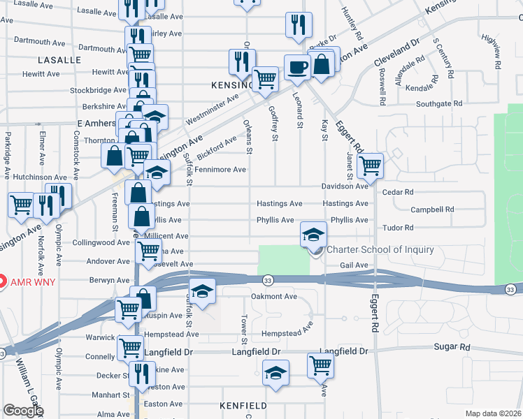 map of restaurants, bars, coffee shops, grocery stores, and more near 214 Phyllis Avenue in Buffalo