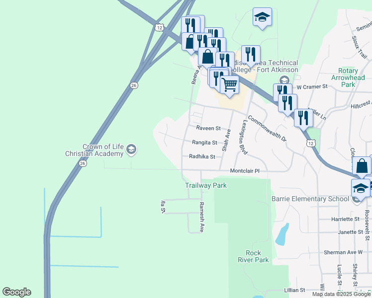 map of restaurants, bars, coffee shops, grocery stores, and more near 1540 Radhika Street in Fort Atkinson