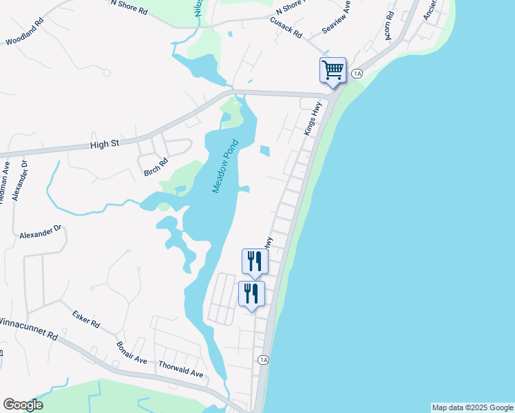 map of restaurants, bars, coffee shops, grocery stores, and more near 120 Kings Highway in Hampton