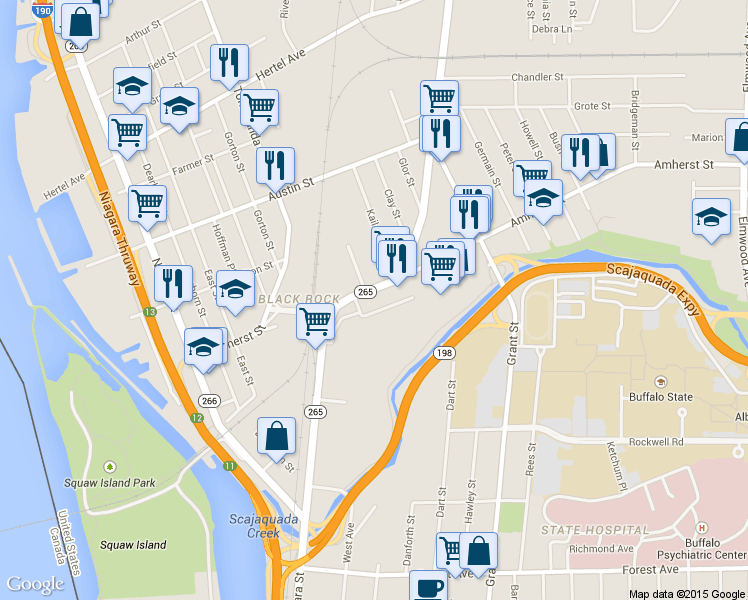 map of restaurants, bars, coffee shops, grocery stores, and more near 239 Amherst Street in Buffalo