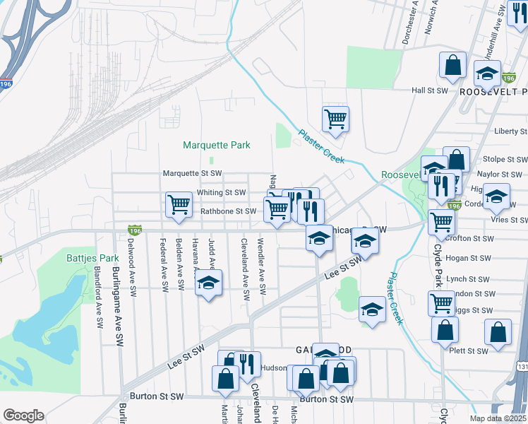 map of restaurants, bars, coffee shops, grocery stores, and more near 1214 Rathbone Street Southwest in Wyoming