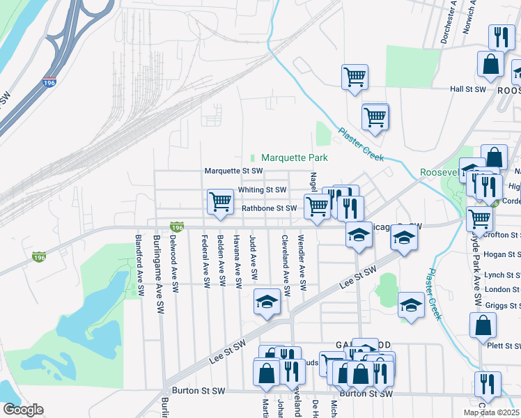 map of restaurants, bars, coffee shops, grocery stores, and more near 1309 Rathbone Street Southwest in Wyoming
