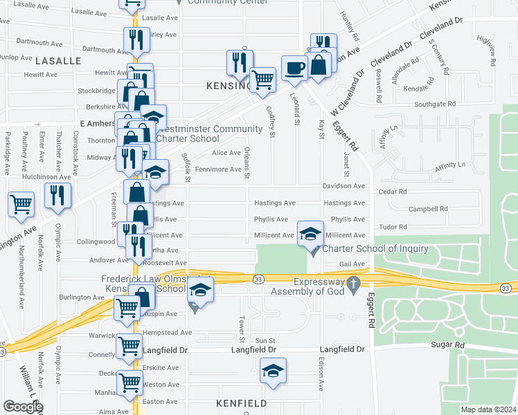 map of restaurants, bars, coffee shops, grocery stores, and more near 214 Phyllis Avenue in Buffalo