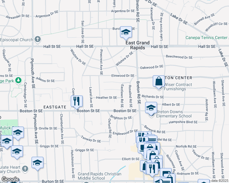 map of restaurants, bars, coffee shops, grocery stores, and more near 2238 Audobon Drive Southeast in Grand Rapids