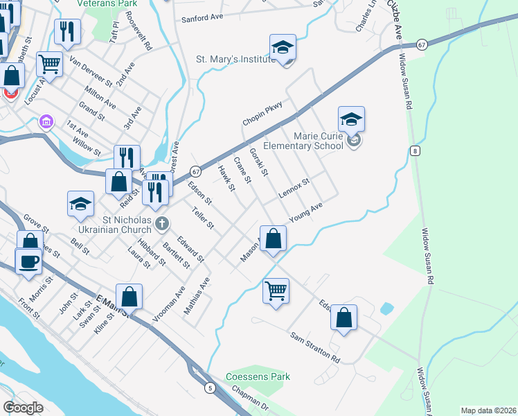 map of restaurants, bars, coffee shops, grocery stores, and more near 43 Crane Street in Amsterdam