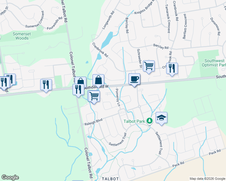 map of restaurants, bars, coffee shops, grocery stores, and more near 885 Southdale Road West in London