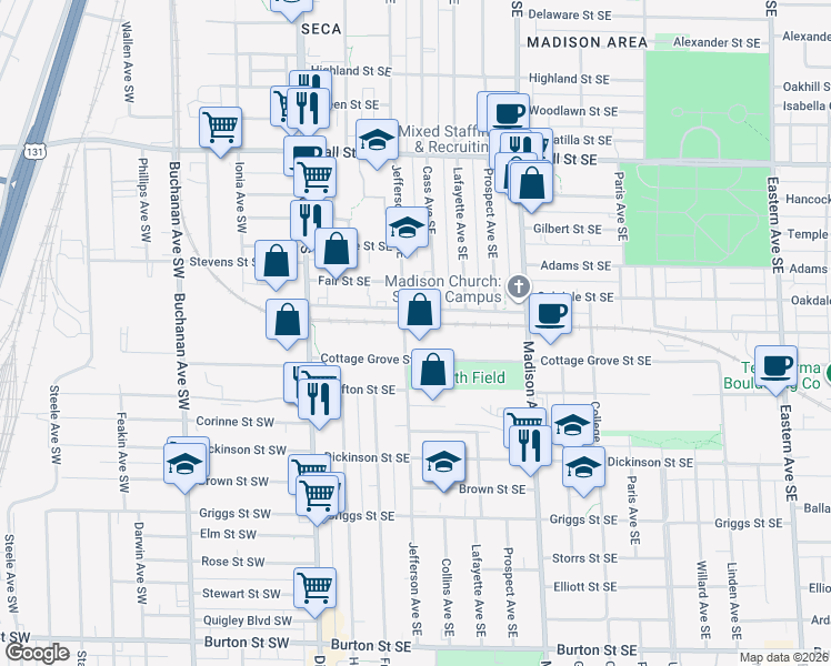 map of restaurants, bars, coffee shops, grocery stores, and more near 125 Cottage Grove Street Southeast in Grand Rapids