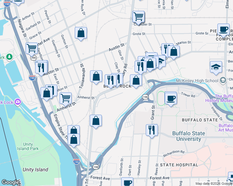 map of restaurants, bars, coffee shops, grocery stores, and more near 259 Amherst Street in Buffalo