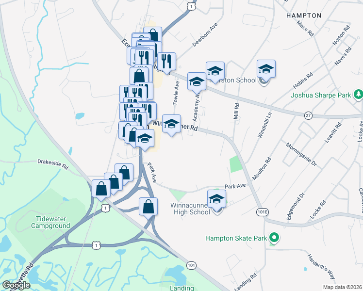 map of restaurants, bars, coffee shops, grocery stores, and more near 89 Winnacunnet Road in Hampton