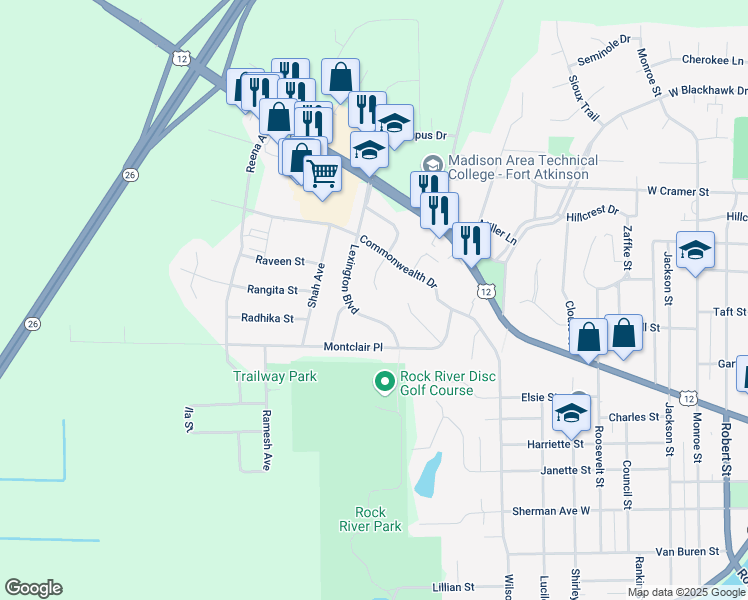 map of restaurants, bars, coffee shops, grocery stores, and more near 516 Lexington Boulevard in Fort Atkinson