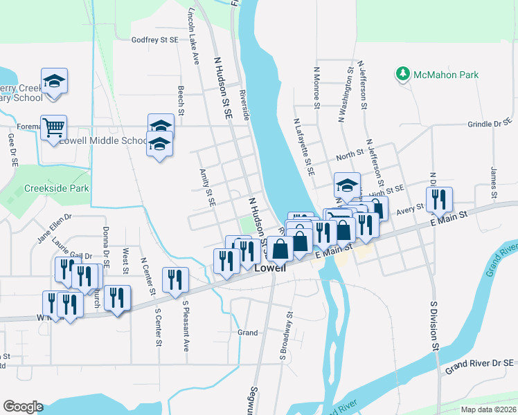 map of restaurants, bars, coffee shops, grocery stores, and more near 316 Spring Street in Lowell