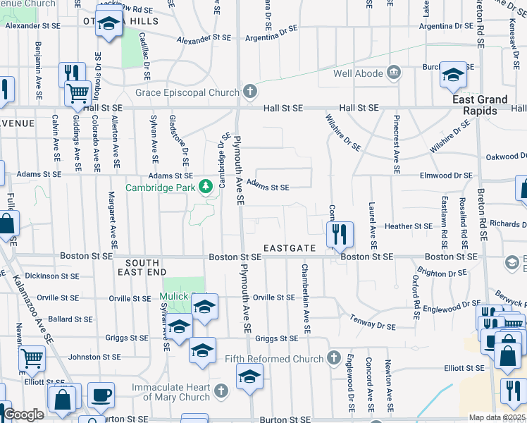 map of restaurants, bars, coffee shops, grocery stores, and more near 1836 Evergreen Street Southeast in Grand Rapids