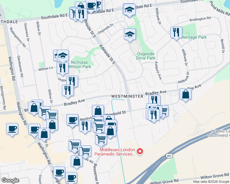 map of restaurants, bars, coffee shops, grocery stores, and more near 59 Kintail Crescent in London