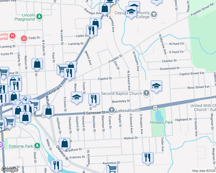 map of restaurants, bars, coffee shops, grocery stores, and more near 32 Cayuga Street in Auburn