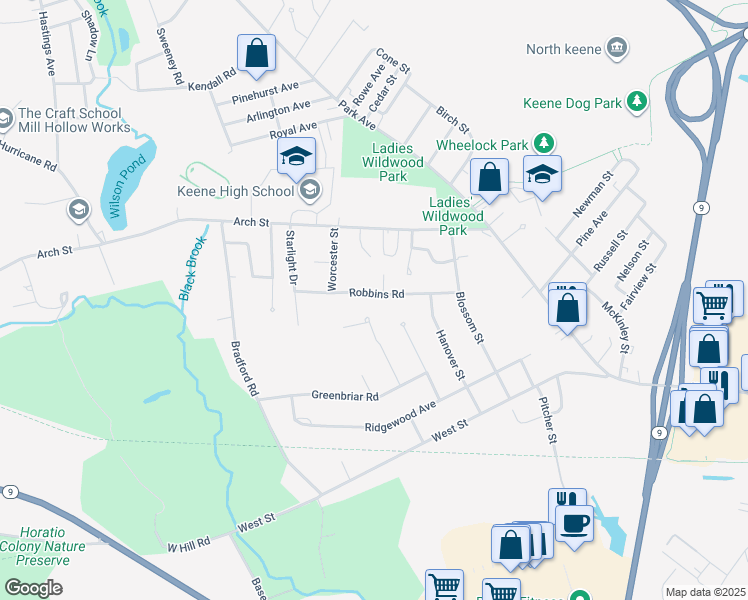 map of restaurants, bars, coffee shops, grocery stores, and more near 62 Robbins Road in Keene