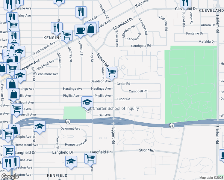 map of restaurants, bars, coffee shops, grocery stores, and more near 381 Hastings Avenue in Buffalo