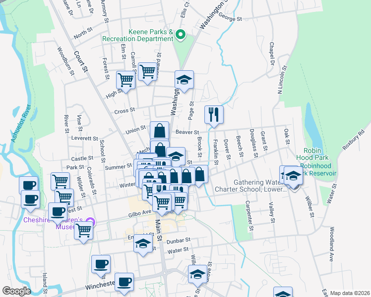 map of restaurants, bars, coffee shops, grocery stores, and more near 16 Towns Street in Keene