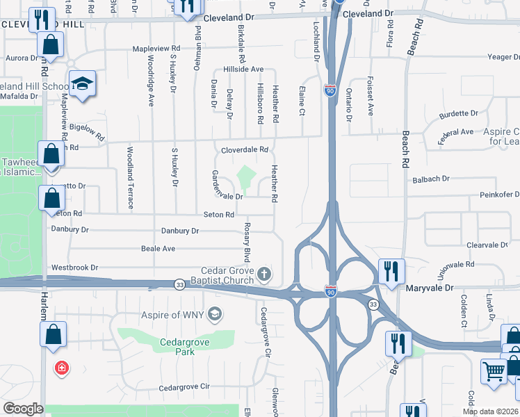 map of restaurants, bars, coffee shops, grocery stores, and more near 271 Seton Road in Buffalo