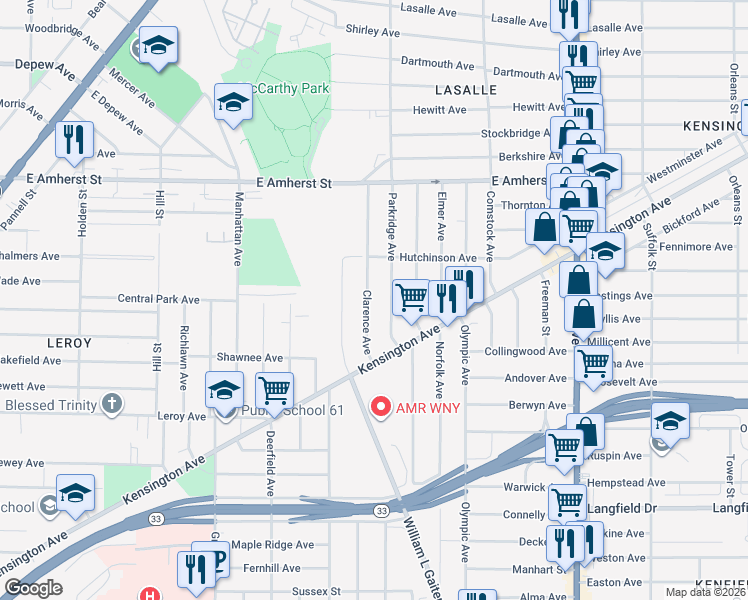map of restaurants, bars, coffee shops, grocery stores, and more near 57 Clarence Avenue in Buffalo