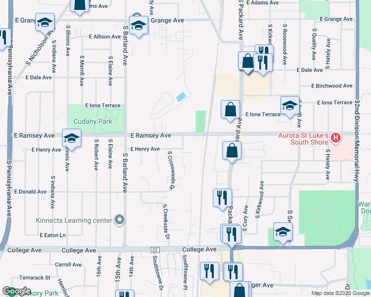 map of restaurants, bars, coffee shops, grocery stores, and more near 3365 East Henry Avenue in Cudahy