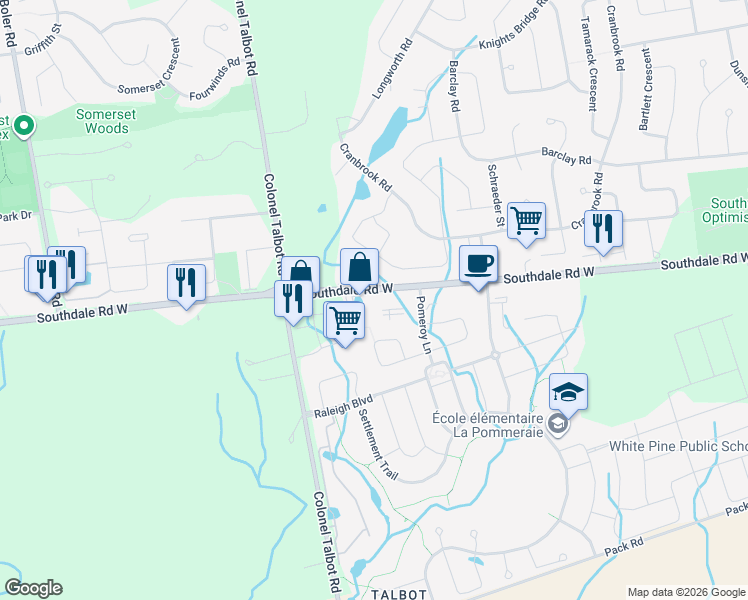 map of restaurants, bars, coffee shops, grocery stores, and more near 905 Southdale Road West in London