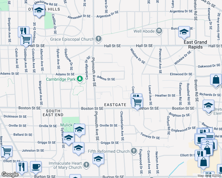 map of restaurants, bars, coffee shops, grocery stores, and more near 1860 Evergreen Street Southeast in Grand Rapids