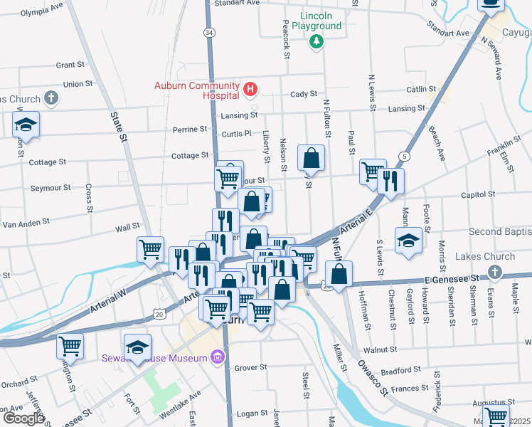 map of restaurants, bars, coffee shops, grocery stores, and more near 31 Seminary Street in Auburn