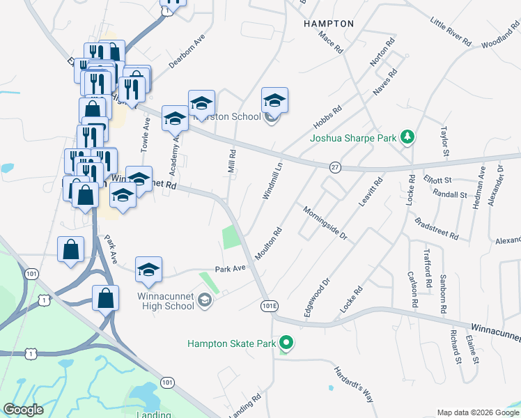 map of restaurants, bars, coffee shops, grocery stores, and more near 28 Windmill Lane in Hampton
