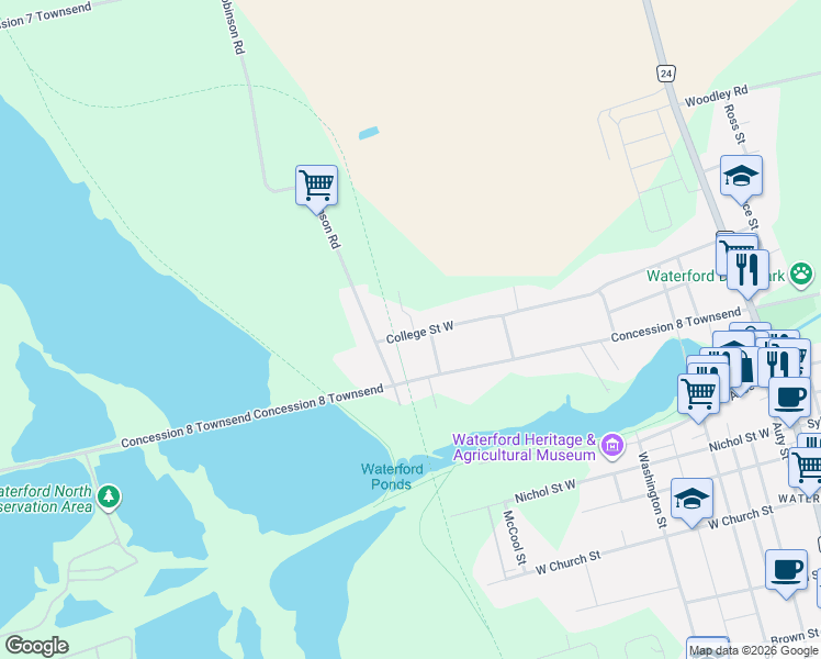 map of restaurants, bars, coffee shops, grocery stores, and more near 276 College Street West in Waterford