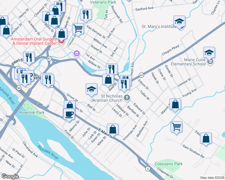 map of restaurants, bars, coffee shops, grocery stores, and more near 22 1/2 Reid Street in Amsterdam