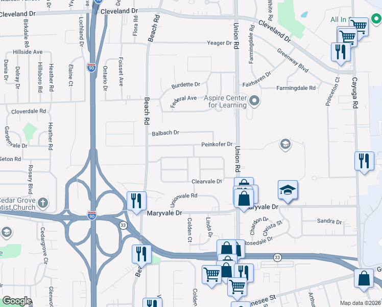 map of restaurants, bars, coffee shops, grocery stores, and more near 107 Fairvale Drive in Buffalo
