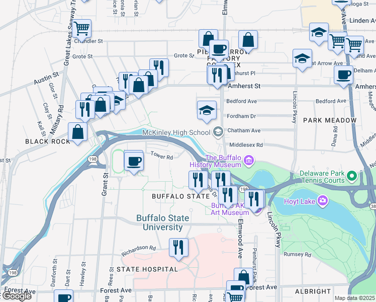map of restaurants, bars, coffee shops, grocery stores, and more near 201 Iroquois Drive in Buffalo