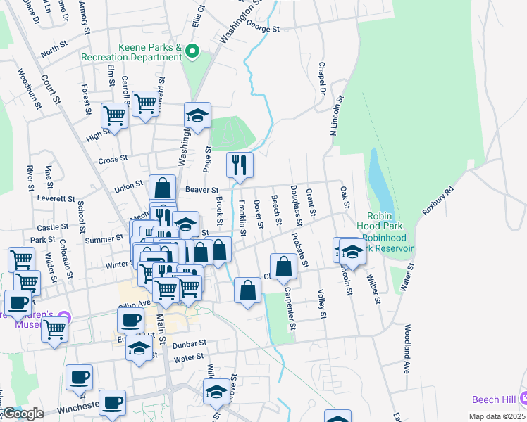 map of restaurants, bars, coffee shops, grocery stores, and more near 31 Dover Street in Keene