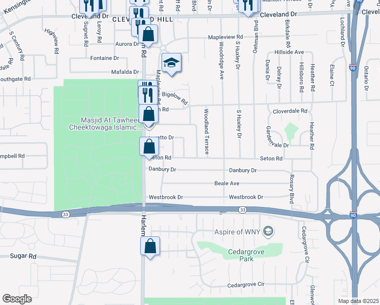 map of restaurants, bars, coffee shops, grocery stores, and more near 91 Seton Road in Buffalo