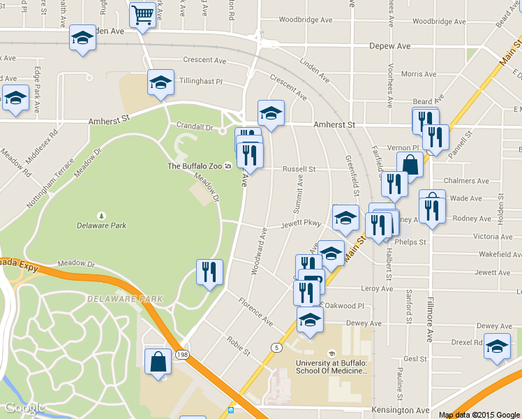 map of restaurants, bars, coffee shops, grocery stores, and more near 147 Jewett Parkway in Buffalo