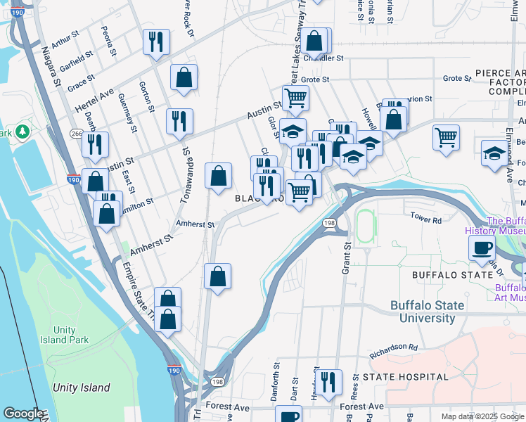 map of restaurants, bars, coffee shops, grocery stores, and more near 239 Amherst Street in Buffalo