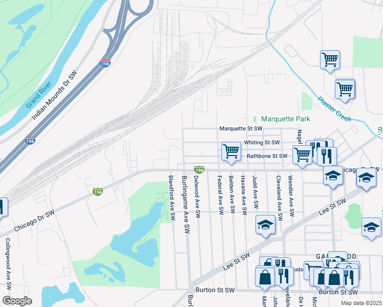 map of restaurants, bars, coffee shops, grocery stores, and more near 1561 Rathbone Street Southwest in Wyoming