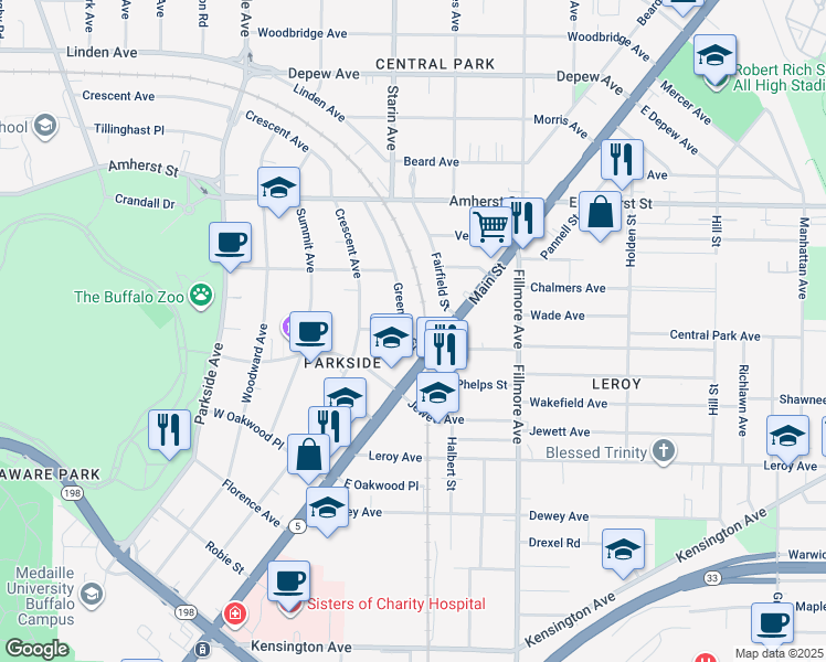 map of restaurants, bars, coffee shops, grocery stores, and more near 37 Greenfield Street in Buffalo
