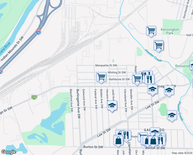 map of restaurants, bars, coffee shops, grocery stores, and more near 1428 Rathbone Street Southwest in Wyoming